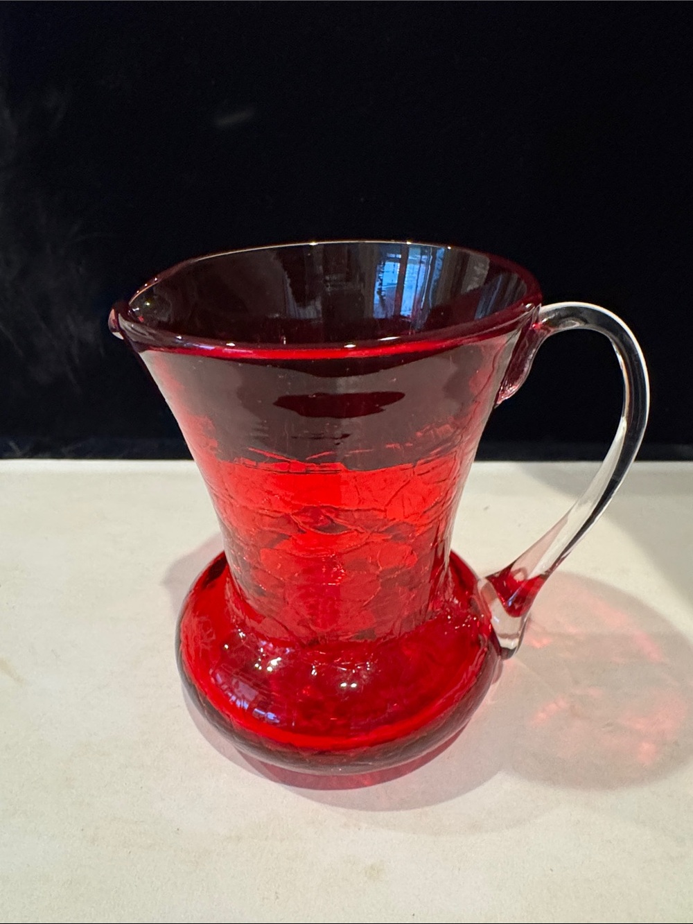 VTG Pilgrim (?) Ruby Red Crackle Glass Pitcher Mini Hand Blown Clear Handle 3.5"